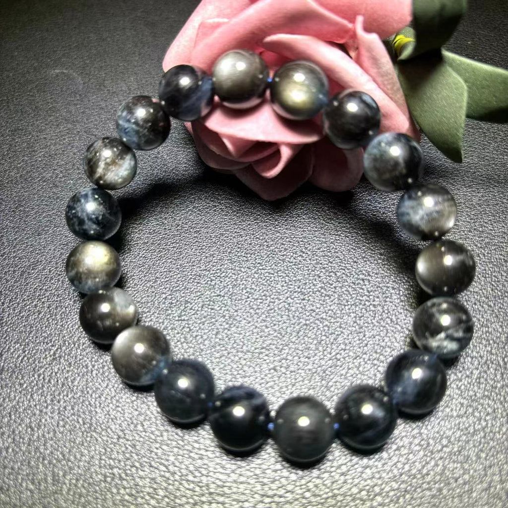 High Quality Devil Aquamarine  10 mm  Bracelet,  Natural Genuine Black Star Round Beaded Bracelet,Gift for Her or Him